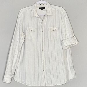 Marc Anthony Shirt Linen Blend Button Front Large White Gray Stripe Tab Sleeves